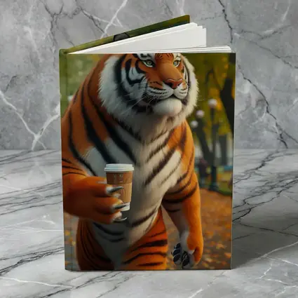 Tiger Holding Coffee Cup in Autumn Park