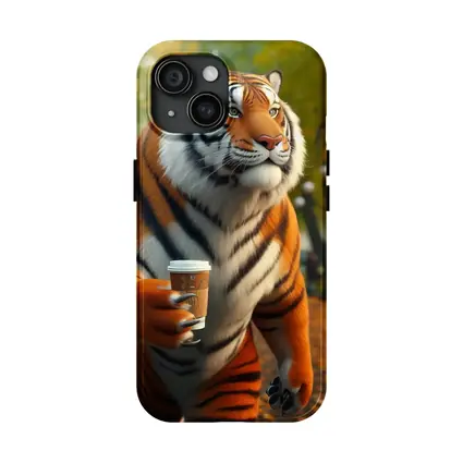 Tiger Holding Coffee Cup in Autumn Park