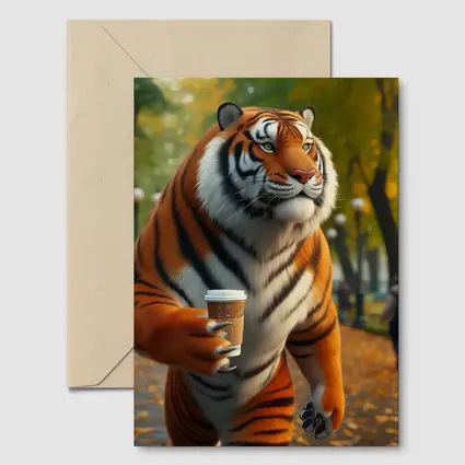 Tiger Holding Coffee Cup in Autumn Park