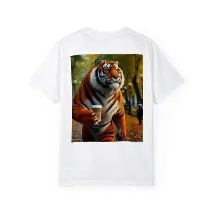 Tiger Holding Coffee Cup in Autumn Park