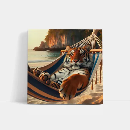 Tiger Relaxing in Hammock on Beach