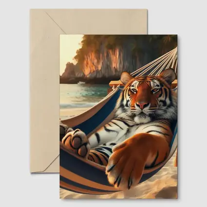 Tiger Relaxing in Hammock on Beach
