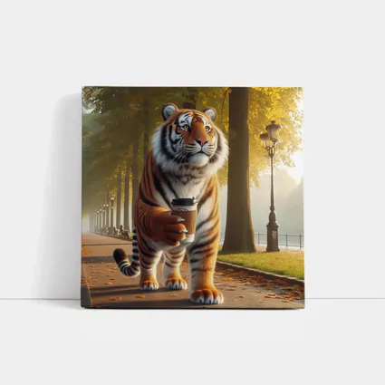 Tiger Walking With Coffee In Autumn Park