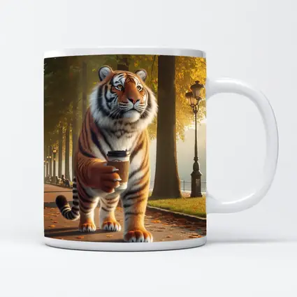 Tiger Walking With Coffee In Autumn Park