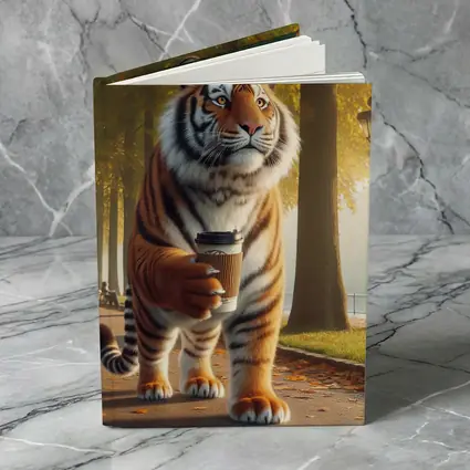Tiger Walking With Coffee In Autumn Park