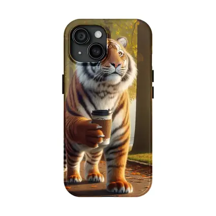 Tiger Walking With Coffee In Autumn Park