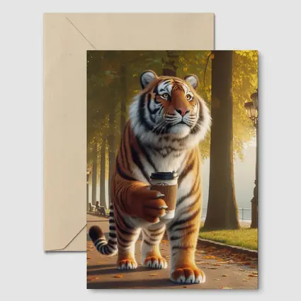 Tiger Walking With Coffee In Autumn Park
