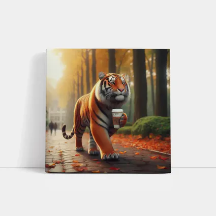 Tiger Carrying Coffee Cup Autumn Park