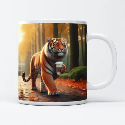 Tiger Carrying Coffee Cup Autumn Park