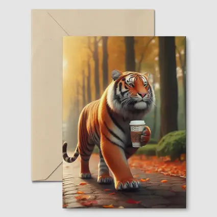 Tiger Carrying Coffee Cup Autumn Park