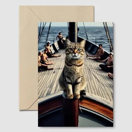 Tabby Cat Standing On Sailboat Bow
