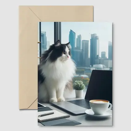 Fluffy Cat Working At Office Desk