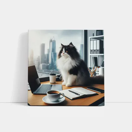 Black White Persian Cat Office City View