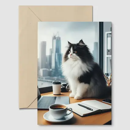 Black White Persian Cat Office City View
