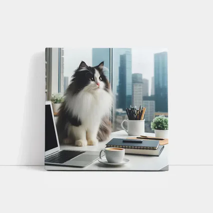 Fluffy Black White Cat City Office Desk