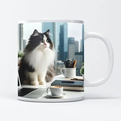 Fluffy Black White Cat City Office Desk