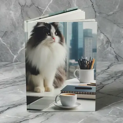 Fluffy Black White Cat City Office Desk