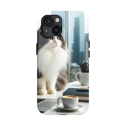Fluffy Black White Cat City Office Desk