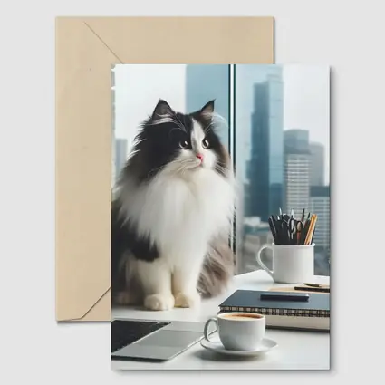 Fluffy Black White Cat City Office Desk
