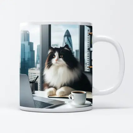 Fluffy Black White Cat City Office