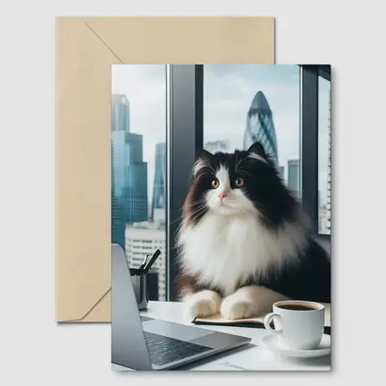 Fluffy Black White Cat City Office