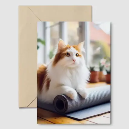 Fluffy Cat Resting on Yoga Mat