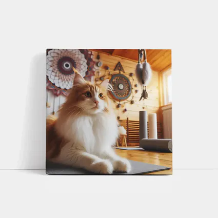 Fluffy Cat Relaxing in Boho Yoga Studio