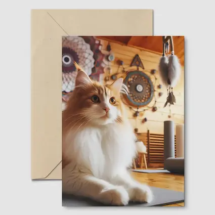 Fluffy Cat Relaxing in Boho Yoga Studio