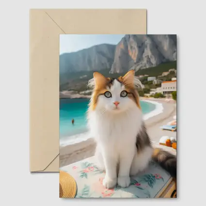 Calico Cat Sitting on Sunny Beach