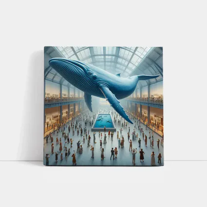 Blue Whale Floating Over Museum Crowd