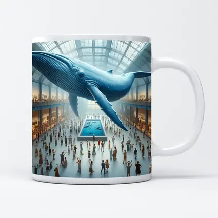 Blue Whale Floating Over Museum Crowd