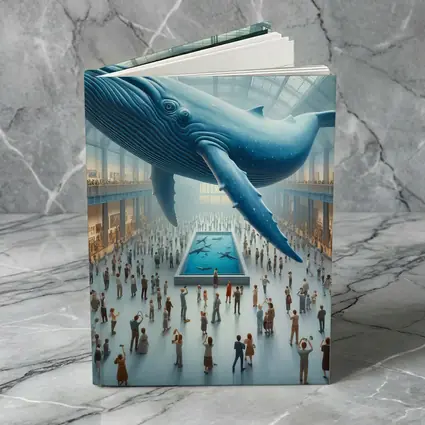 Blue Whale Floating Over Museum Crowd