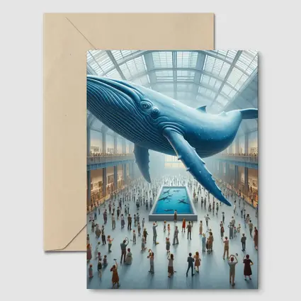 Blue Whale Floating Over Museum Crowd