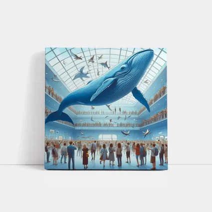 Blue Whale Flying Over Museum Crowd