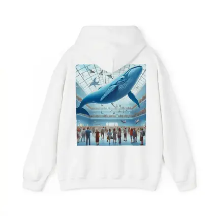 Blue Whale Flying Over Museum Crowd
