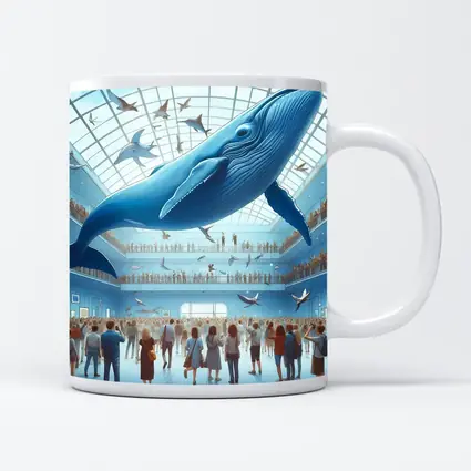 Blue Whale Flying Over Museum Crowd