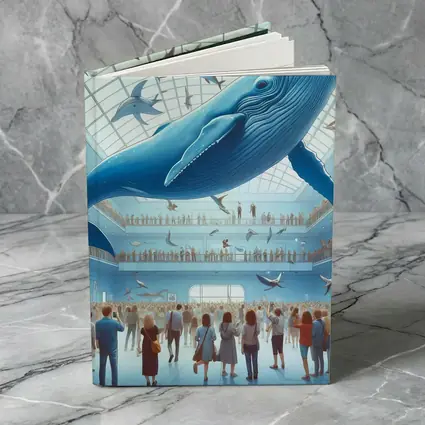 Blue Whale Flying Over Museum Crowd