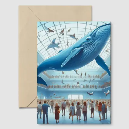 Blue Whale Flying Over Museum Crowd