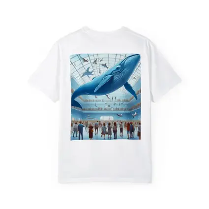 Blue Whale Flying Over Museum Crowd