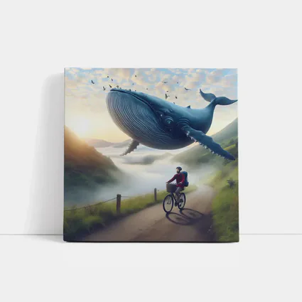 Giant Whale Flying Over Mountain Road Cyclist