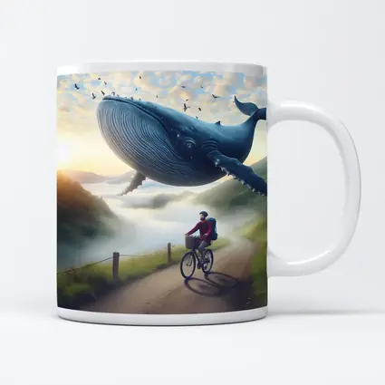 Giant Whale Flying Over Mountain Road Cyclist