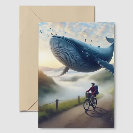 Giant Whale Flying Over Mountain Road Cyclist