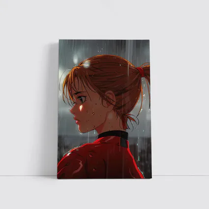 Anime Girl Red Jacket Standing in Rain