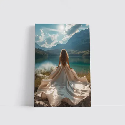 Woman White Gown Mountain Lake View