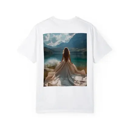 Woman White Gown Mountain Lake View