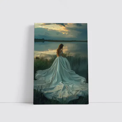 Woman White Gown Lake Sunset Landscape