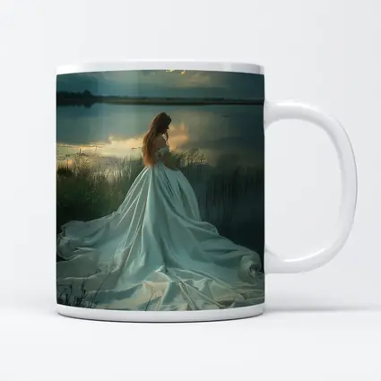 Woman White Gown Lake Sunset Landscape