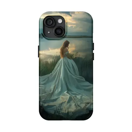 Woman White Gown Lake Sunset Landscape