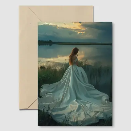 Woman White Gown Lake Sunset Landscape