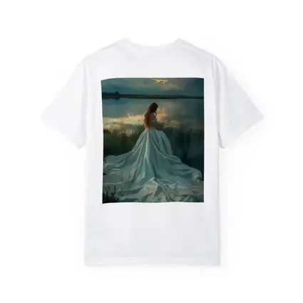 Woman White Gown Lake Sunset Landscape